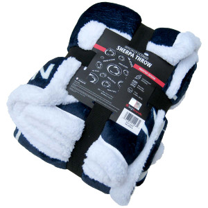 navy sherpa blanket with white edges and repeating Penn State and Athletic Logos